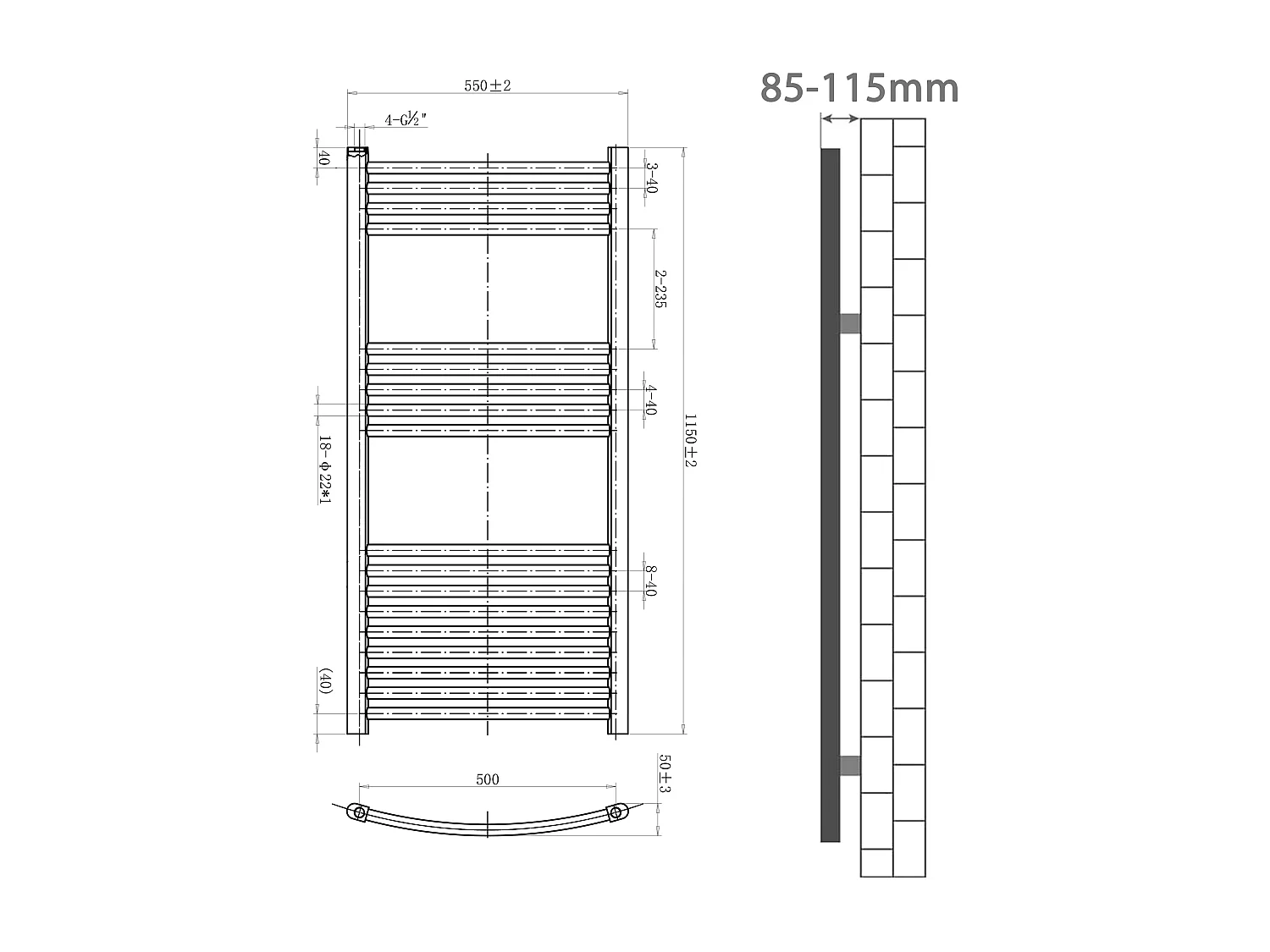 Porta asciugamani radiatore 1150x550mm riscaldamento ad acqua Watt 470.97 bianco