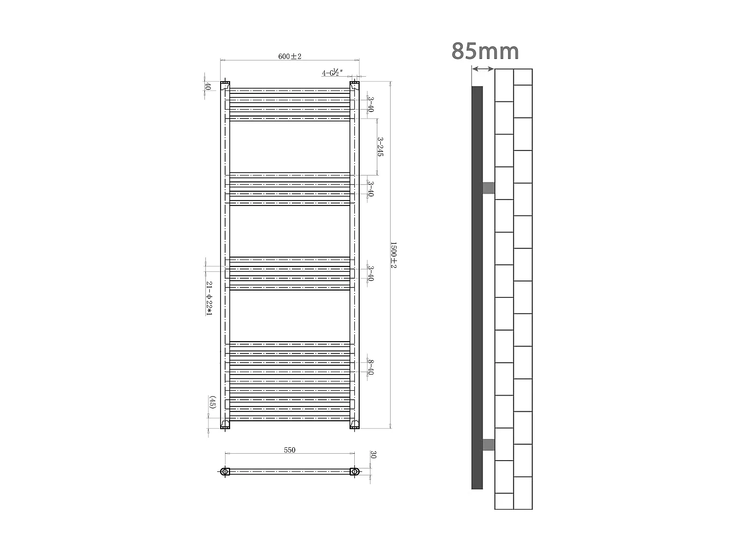 Porta asciugamani radiatore 1500x600mm riscaldamento ad acqua Watt 609.88 bianco
