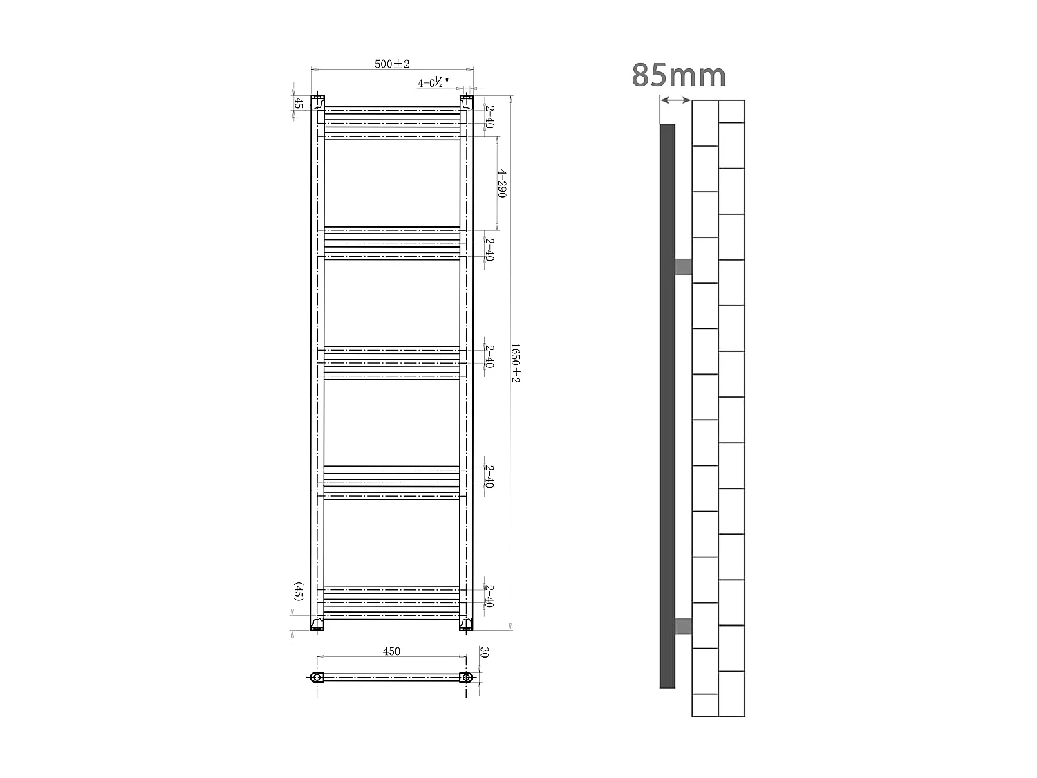 Porta asciugamani radiatore 1650x500mm riscaldamento ad acqua Watt 456.9 nero