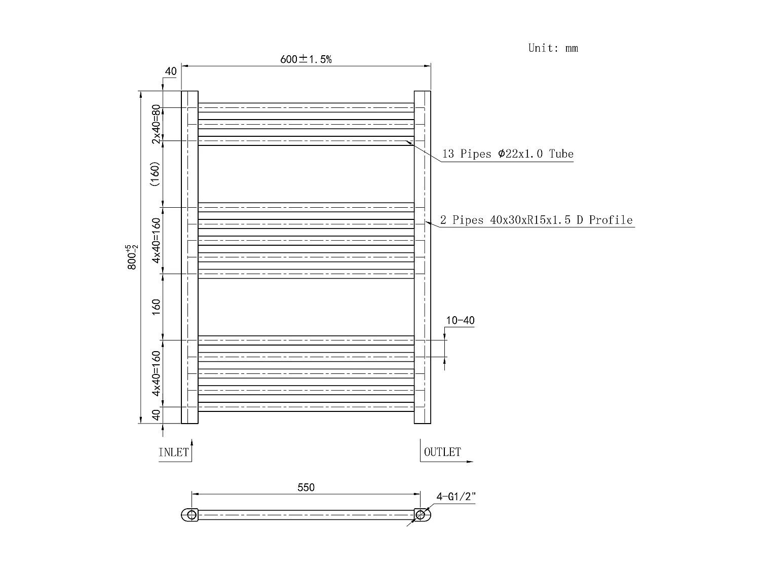 AICAIT Radiatore termoarredo scaldasalviette da bagno bianco 800x600mm interasse 55