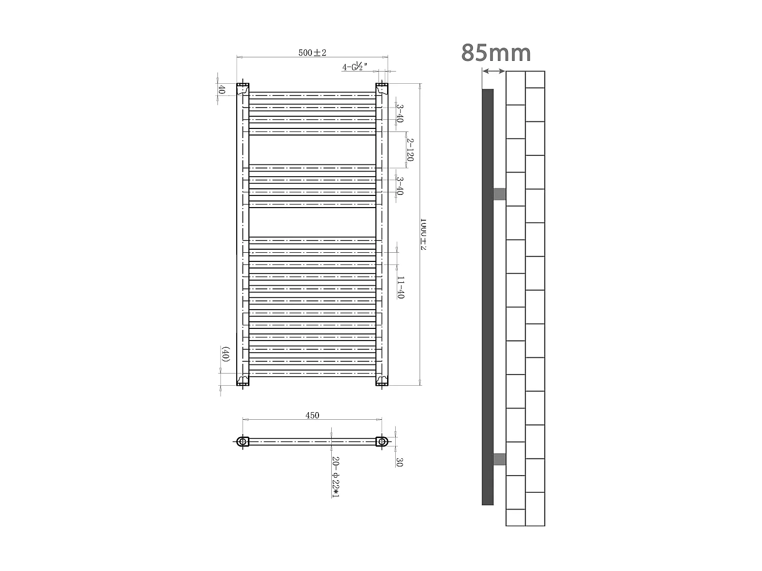 Termoarredo bagno scaldasalviette 1000x500mm interasse 45 bianco