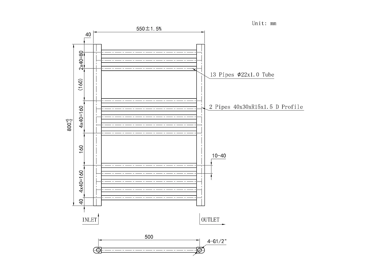 AICAIT Termoarredo Bagno Scaldasalviette Acciaio al carbonio Termosifone Antracitico 800x550mm
