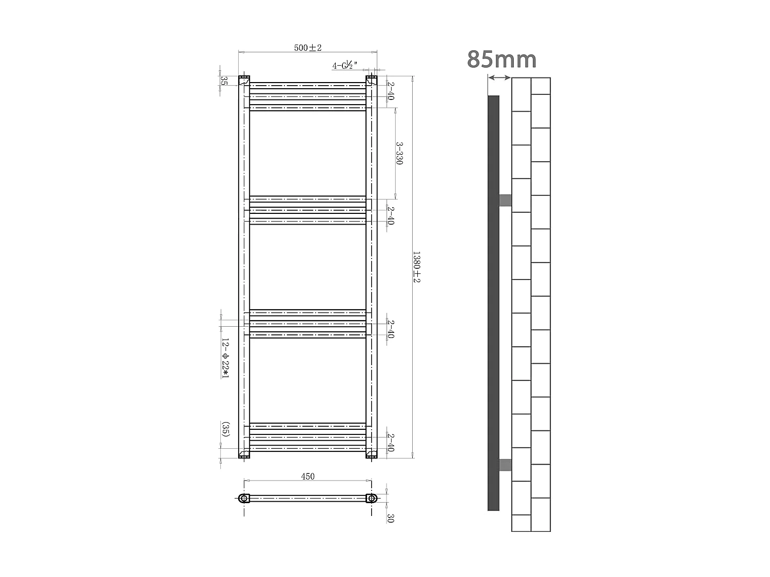 Termoarredo bagno scaldasalviette 1380x500mm interasse 45 nero