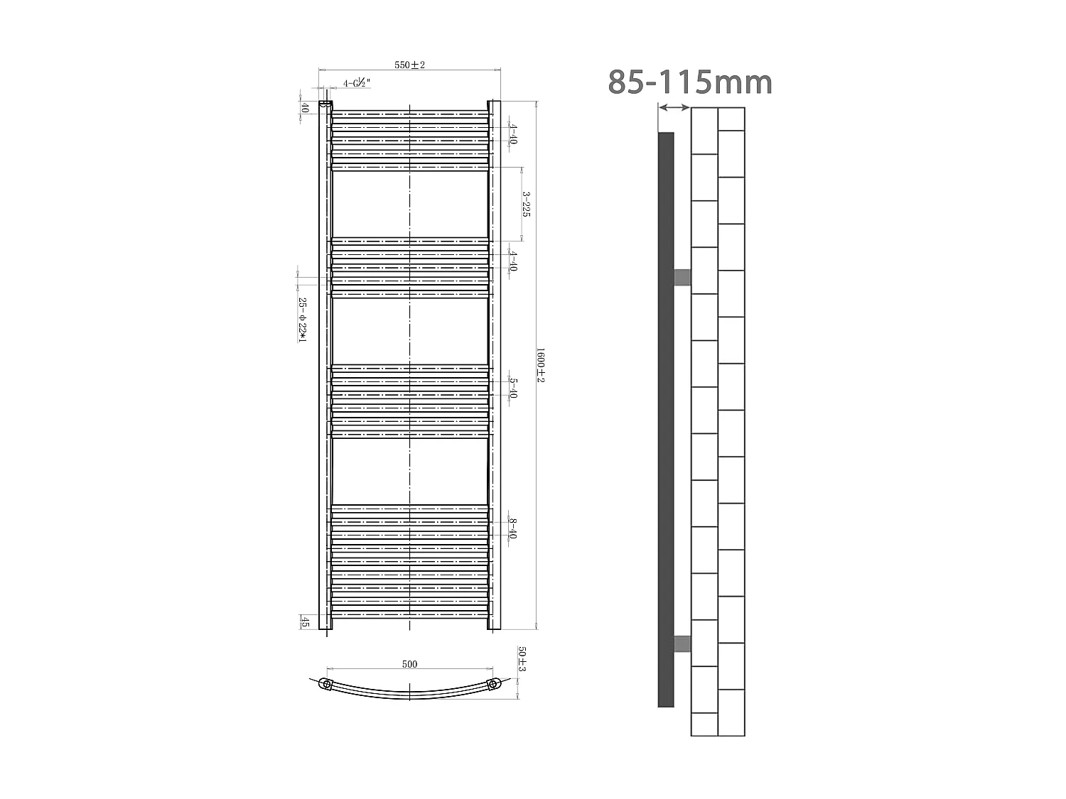 Porta asciugamani radiatore 1600x550mm riscaldamento ad acqua Watt 652.96 bianco