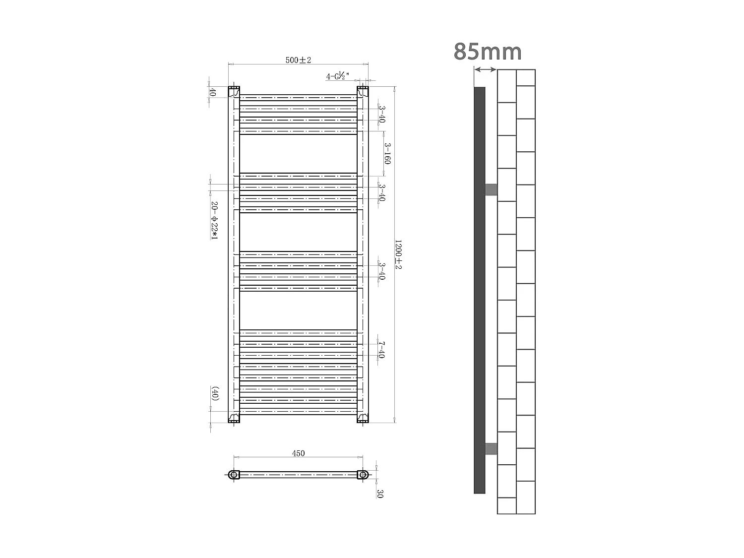 Termoarredo bagno scaldasalviette 1200x500mm interasse 45 bianco