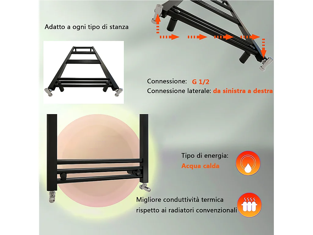 Porta asciugamani radiatore 1380x500mm riscaldamento ad acqua Watt 373.96 nero