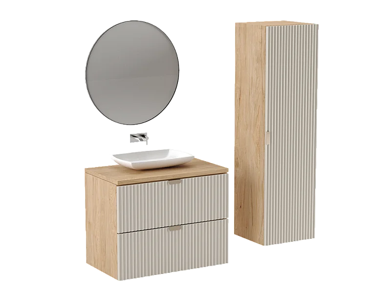 Meuble colonne suspendu de salle de bain WENA, façades cannelées, Willy, 120x33x33 cm, Cachemire/Noyer