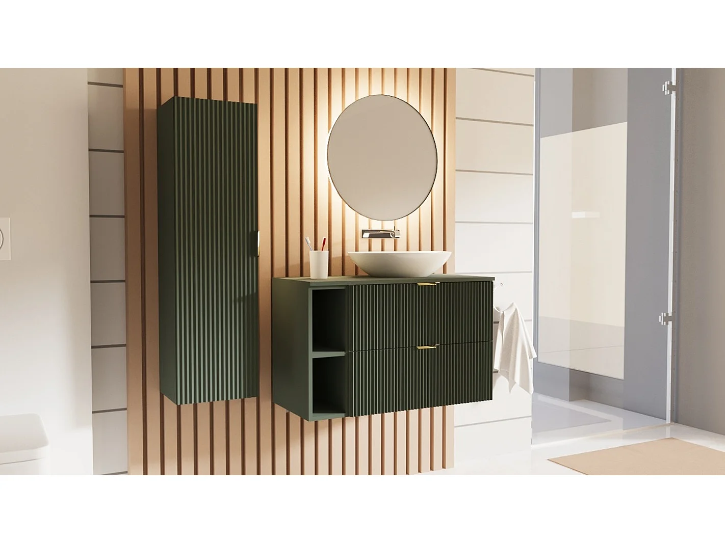 Hangende badkamerkolom WENA, gecanneleerde fronten, Willy, 120x33x33 cm, Groen