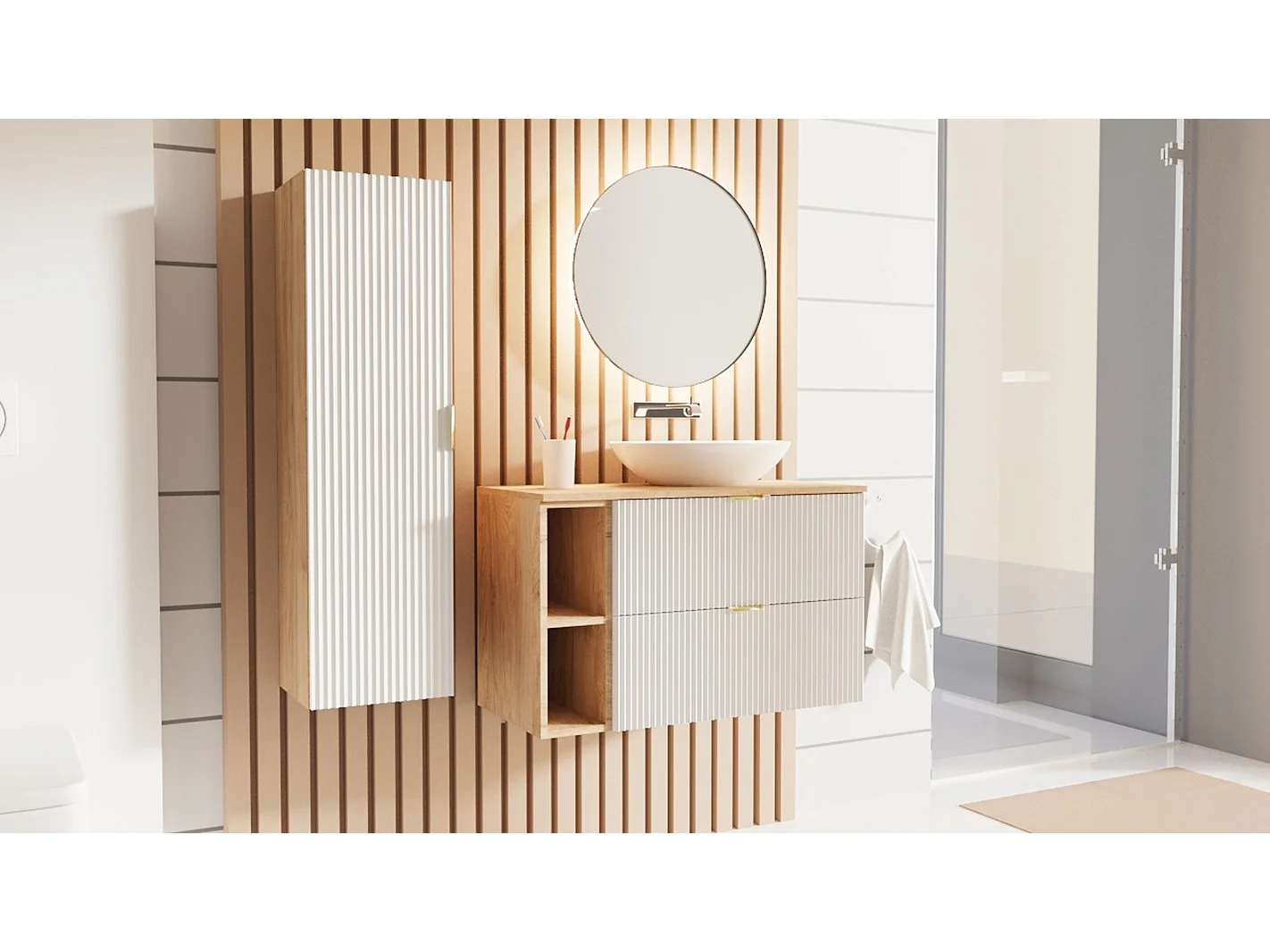 Colonna da bagno sospesa WENA , frontali scanalati, Willy, 120x33x33 cm, Bianco/Noce