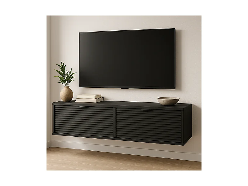 TV-Schrank WENA, geriffelte Fronten, Aura, 140x30x33 cm, Schwarz
