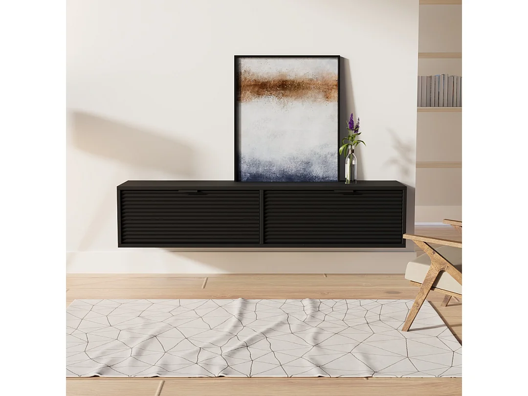 Szafka RTV WENA, ryflowane fronty, Aura, 140x30x33 cm, Czarna