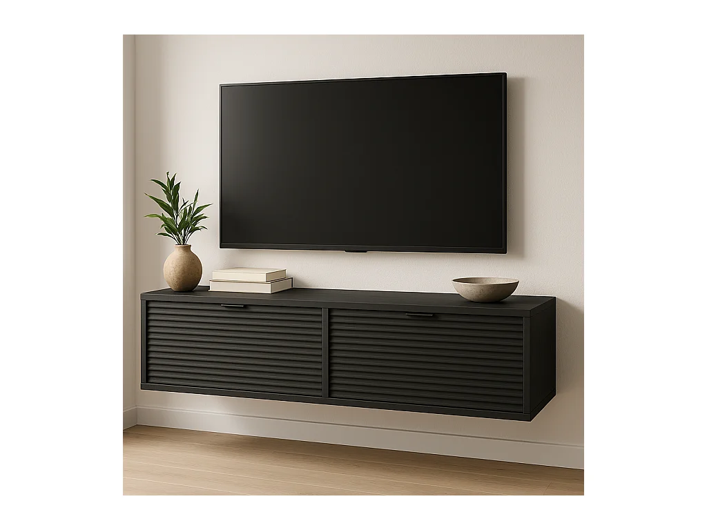 Meuble de télévision WENA, façades cannelées, Aura, 140x30x33 cm, Noir