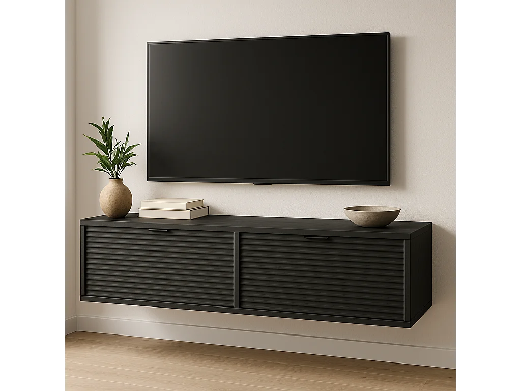 Szafka RTV WENA, ryflowane fronty, Aura, 140x30x33 cm, Czarna