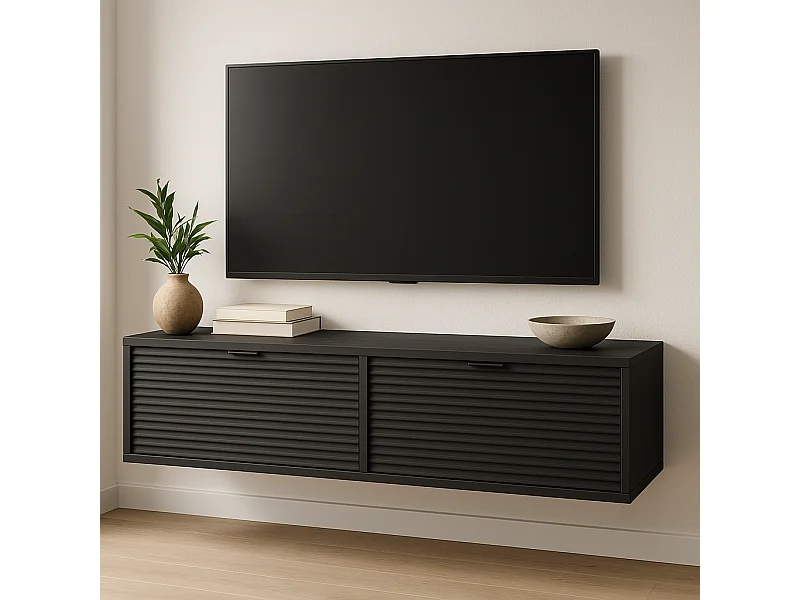 Szafka RTV WENA, ryflowane fronty, Aura, 140x30x33 cm, Czarna