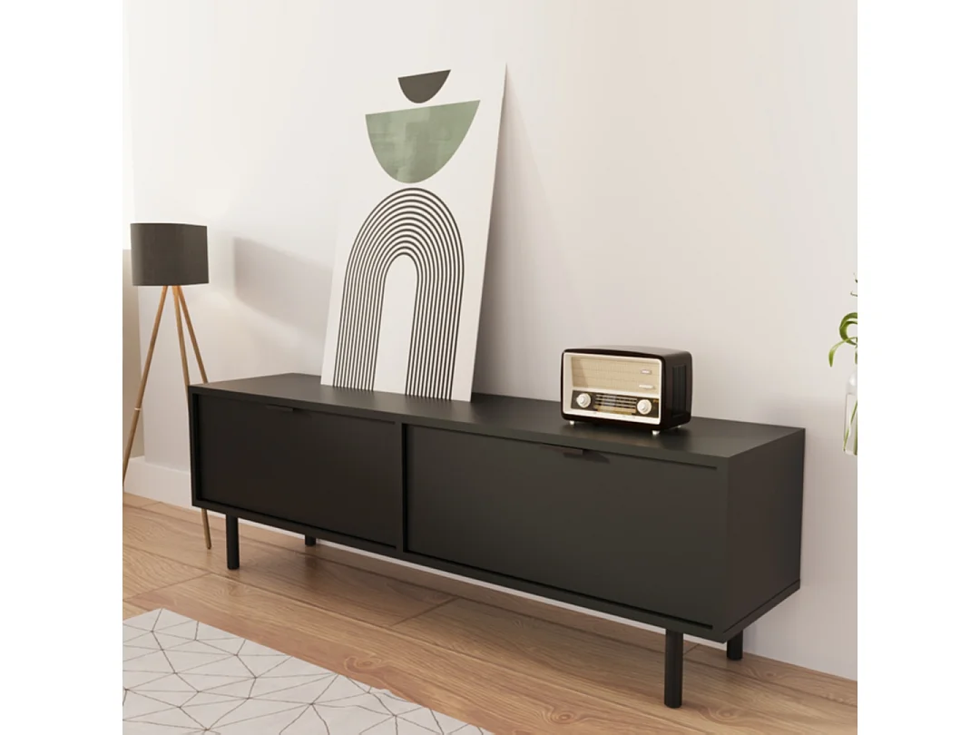 TV-Schrank WENA, glatte Fronten, mit Metallfüßen, Aura, 140x30x33 cm, Schwarz