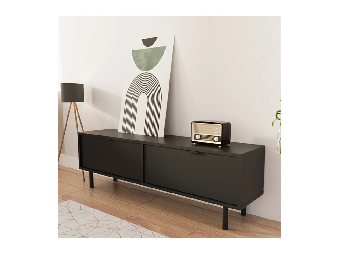 Meuble de télévision WENA, fronts lisses, avec pieds en métal, Aura, 140x30x33 cm, Noir