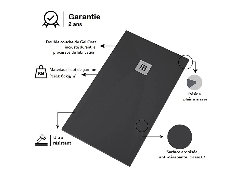 Mineralguss-Duschwanne extra flach ONDA Schieferoptik ANTHRAZIT 80x150 cm