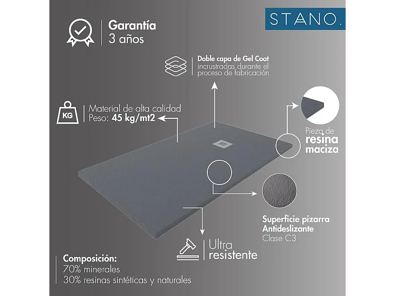 Receveur de douche 90x120cm extra plat MADISON en résine surface ardoisée béton