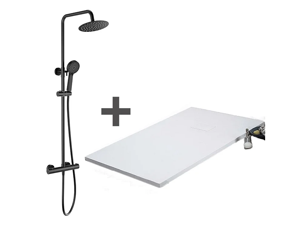 Kit Piatto doccia ultrasottile 90 x 140 cm bianco PIATTO + Colonna doccia termostatica Finitura nera opaca