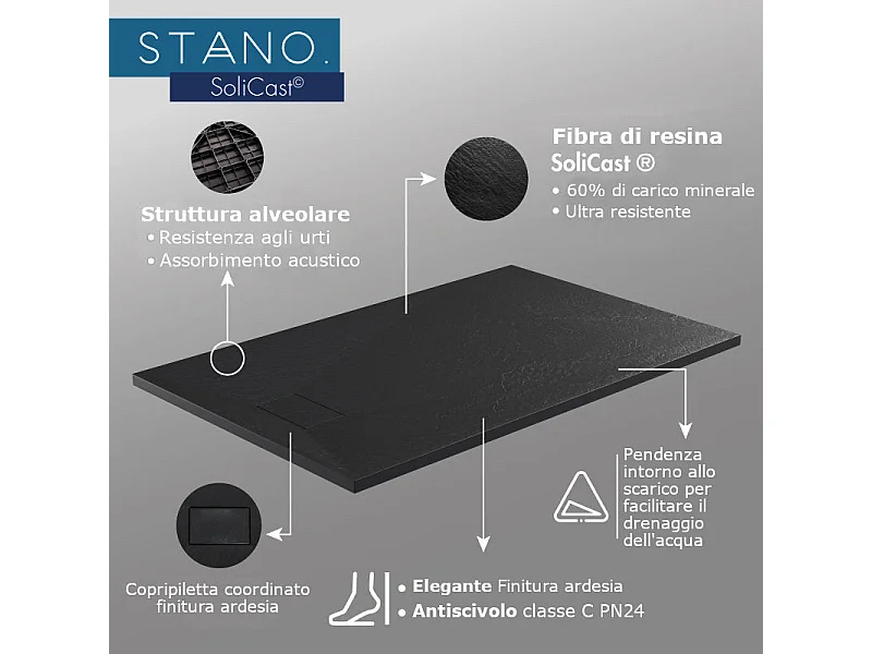 Kit Piatto doccia ultrasottile 90 x 140 cm bianco PIATTO + Colonna doccia termostatica Finitura nera opaca