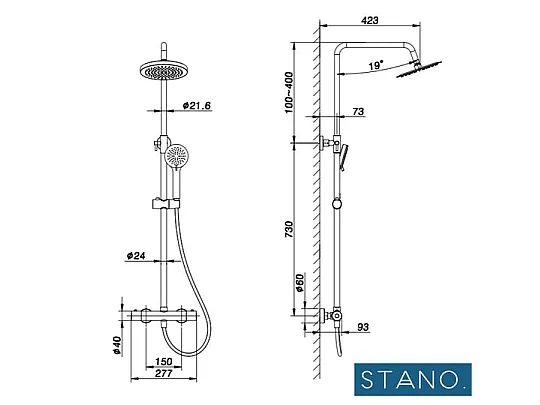 Kit Piatto doccia ultrasottile 90 x 140 cm bianco PIATTO + Colonna doccia termostatica Finitura nera opaca