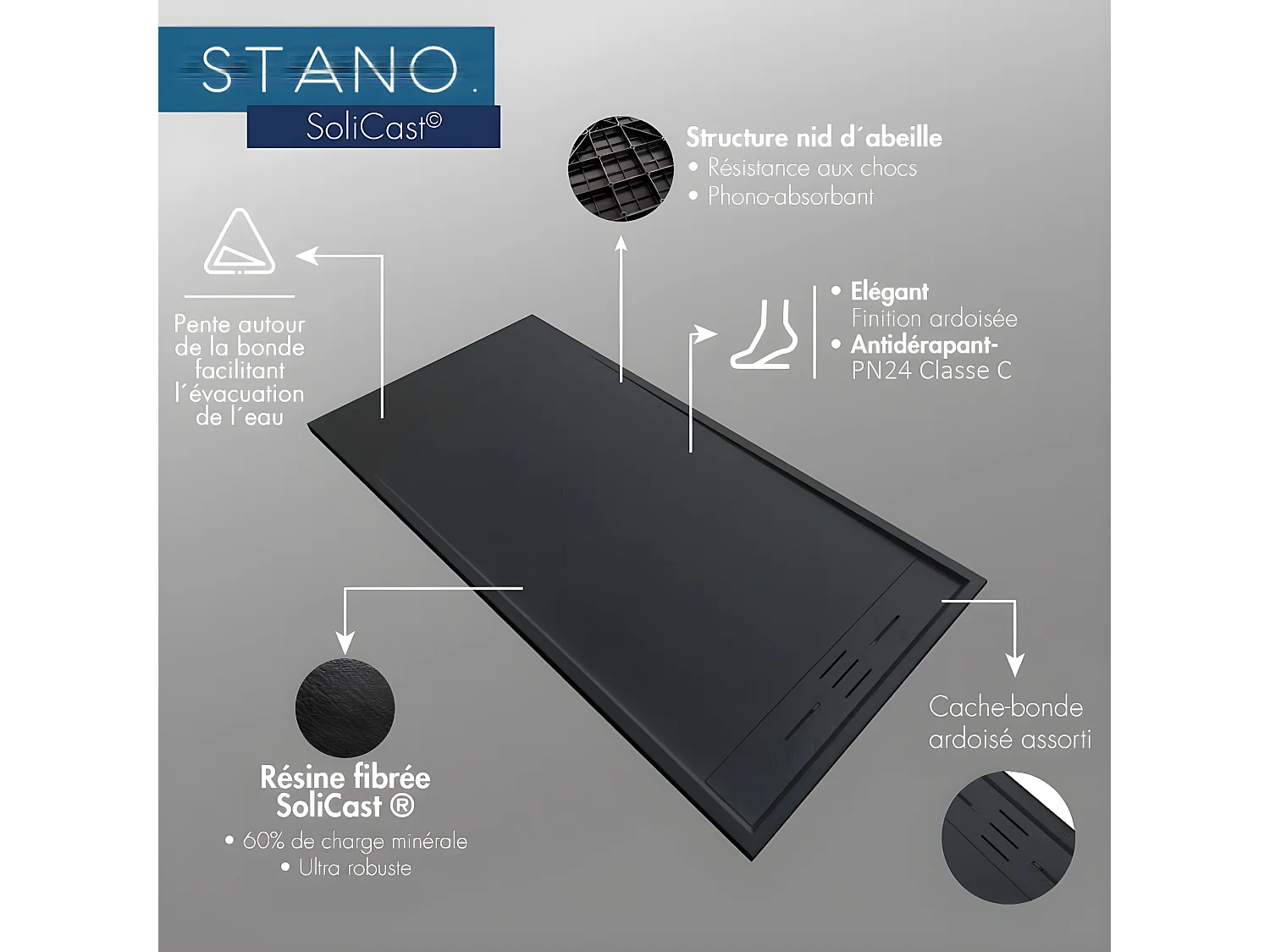 Receveur de douche 90 x 160 cm extra plat SALVI en SoliCast® surface ardoisée noir