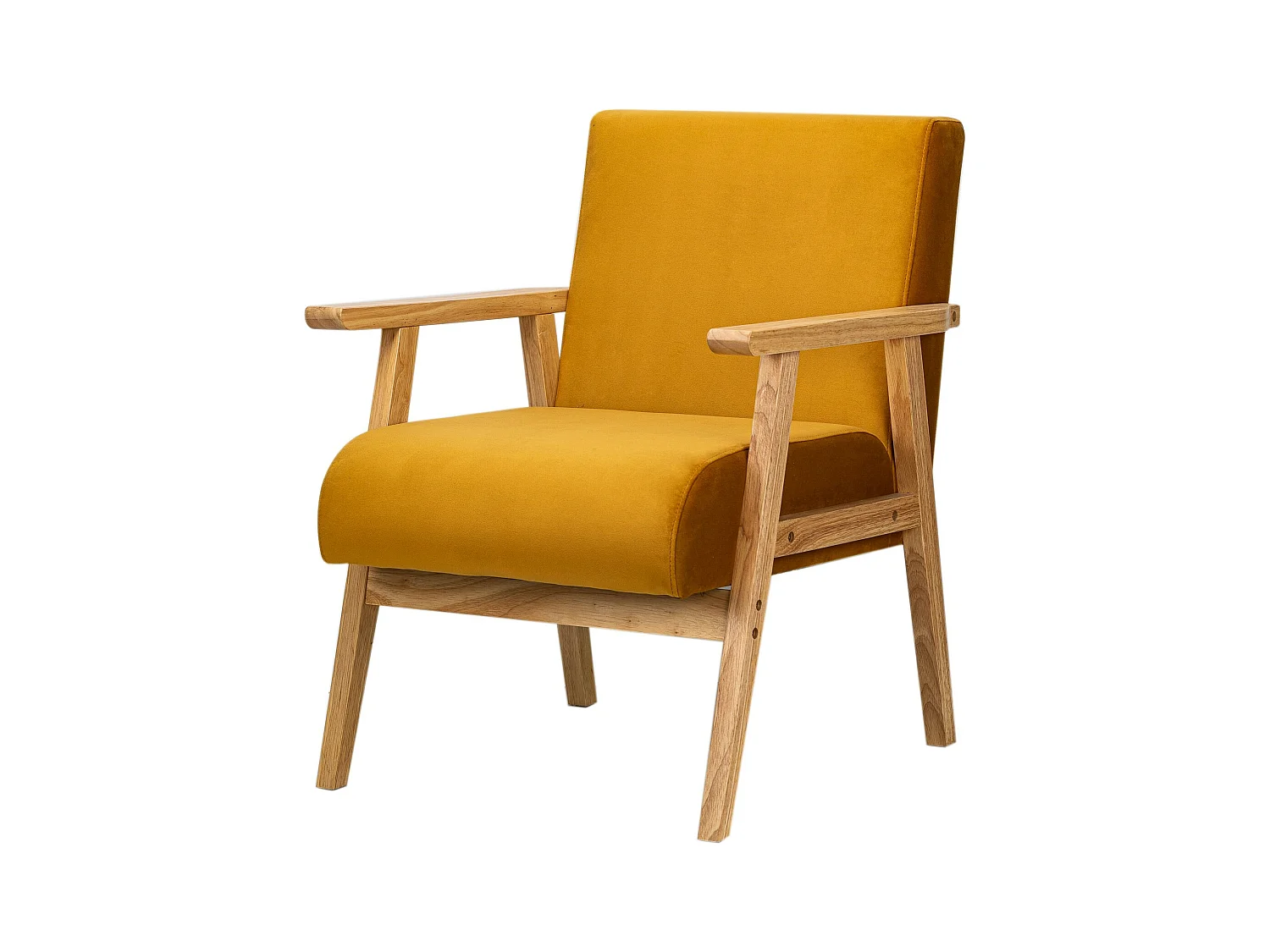 Fauteuil de salon en bois massif et velours jaune moutarde