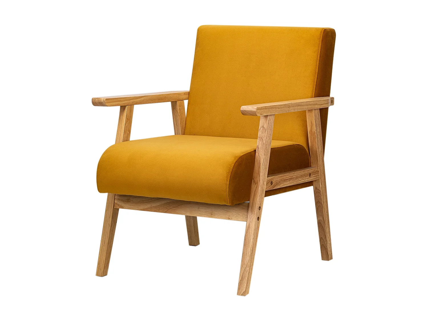 Fauteuil de salon en bois massif et velours jaune moutarde