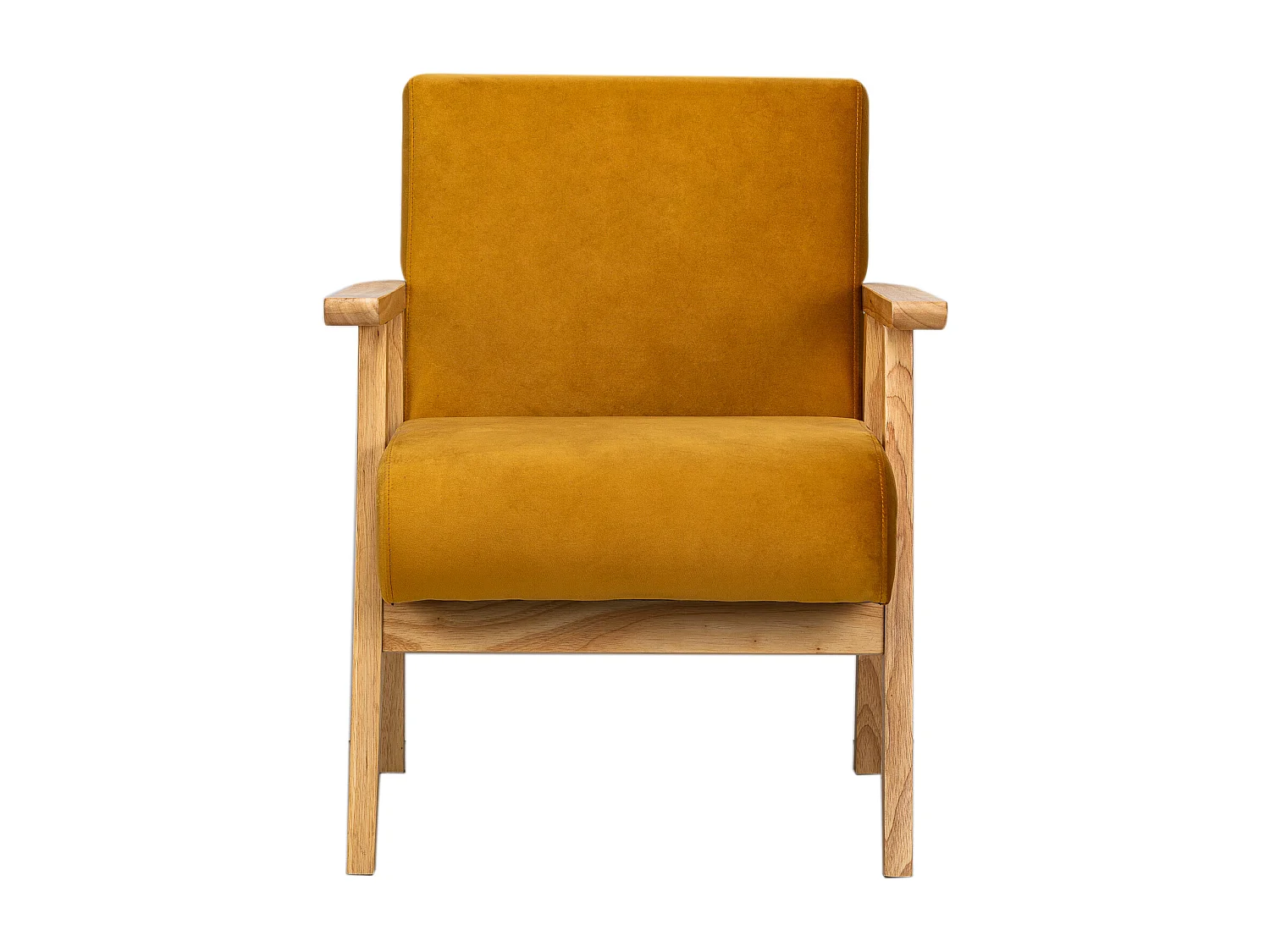 Fauteuil de salon en bois massif et velours jaune moutarde