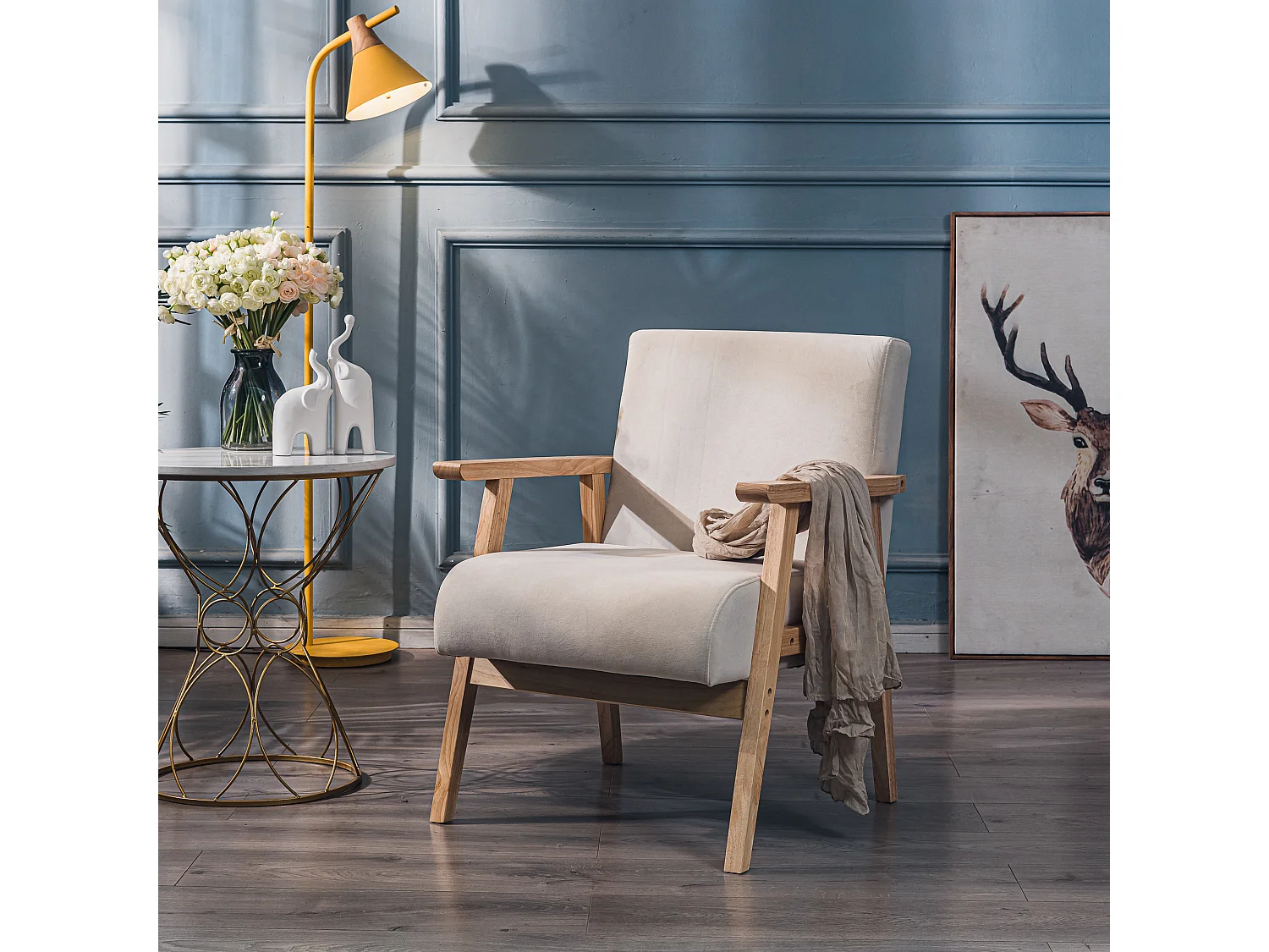 Fauteuil de salon en bois massif et tissu beige