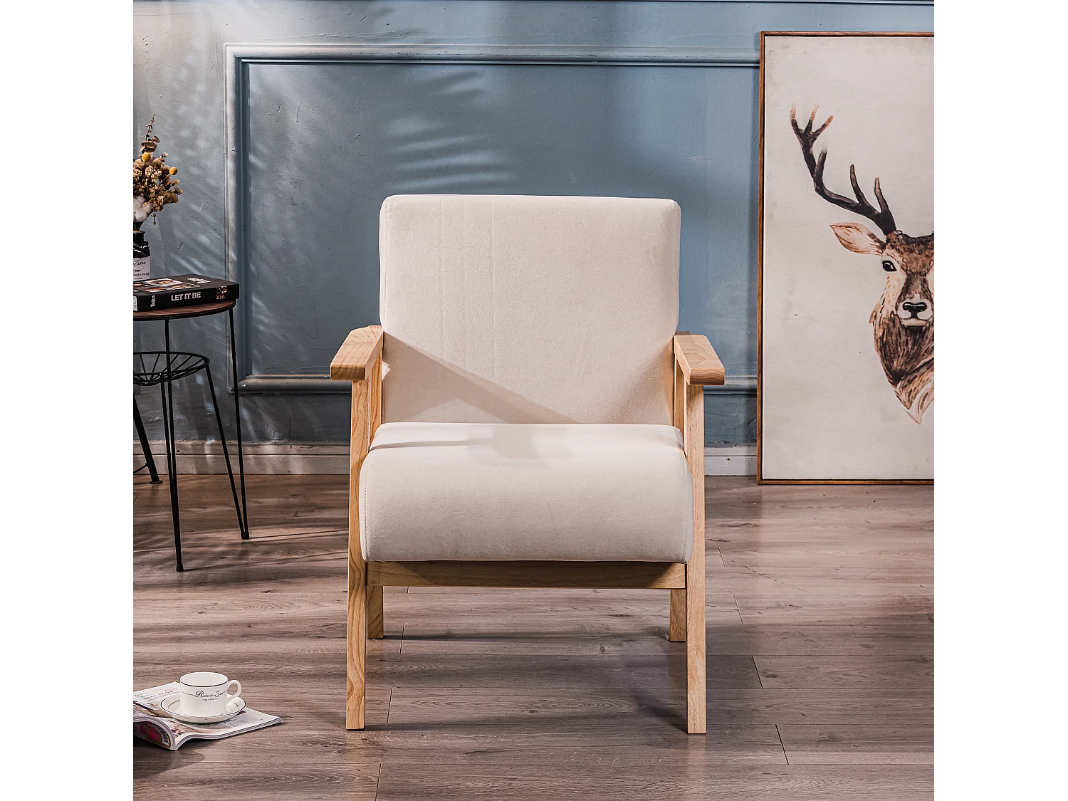 Fauteuil de salon en bois massif et tissu beige