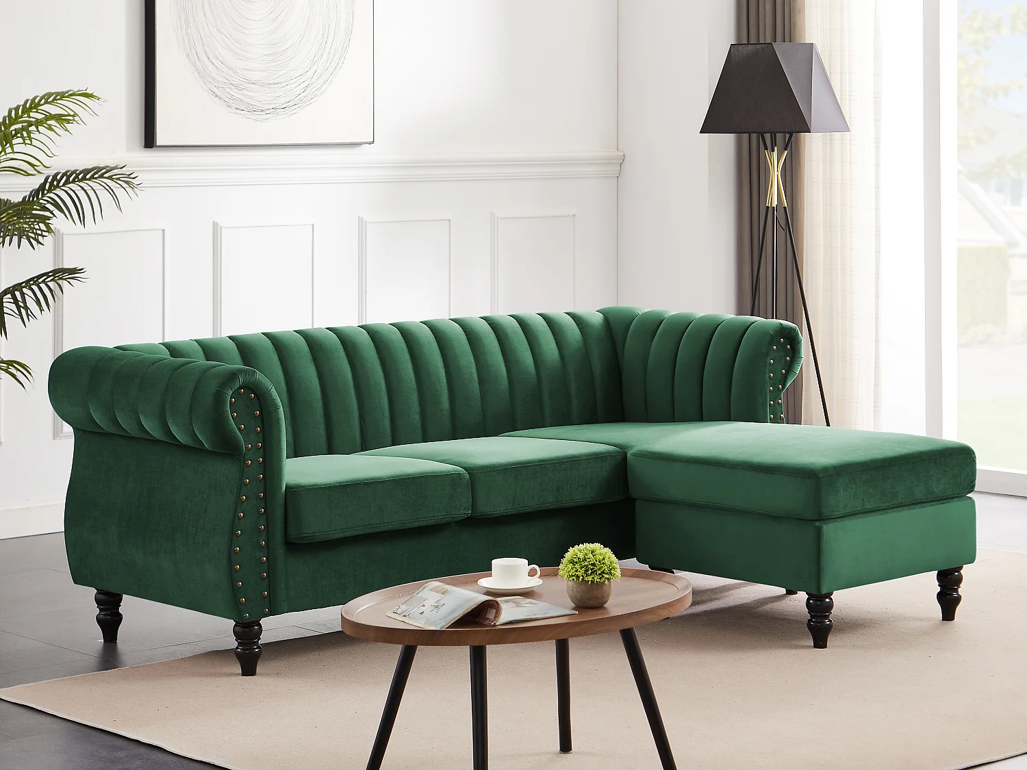 Canapé d'angle réversible en velours vert sapin TRUMBO