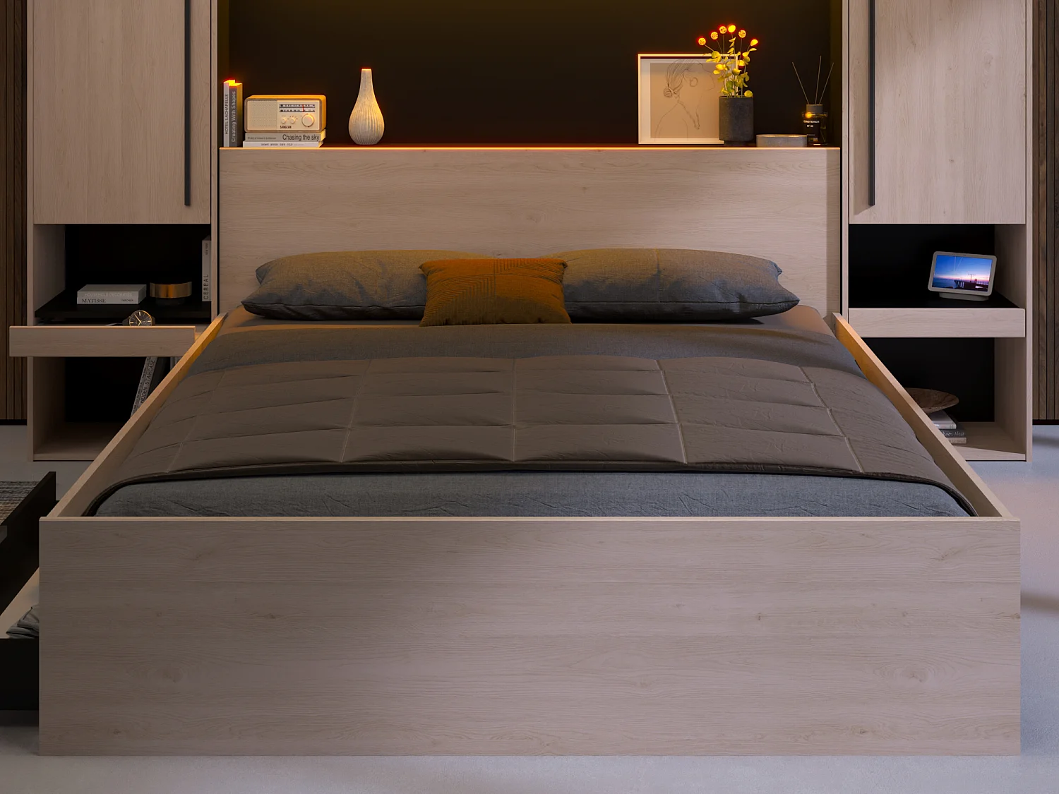 Lit pont 160 x 200 cm avec rangements - Avec LEDs - Coloris : Naturel et noir - VELONA