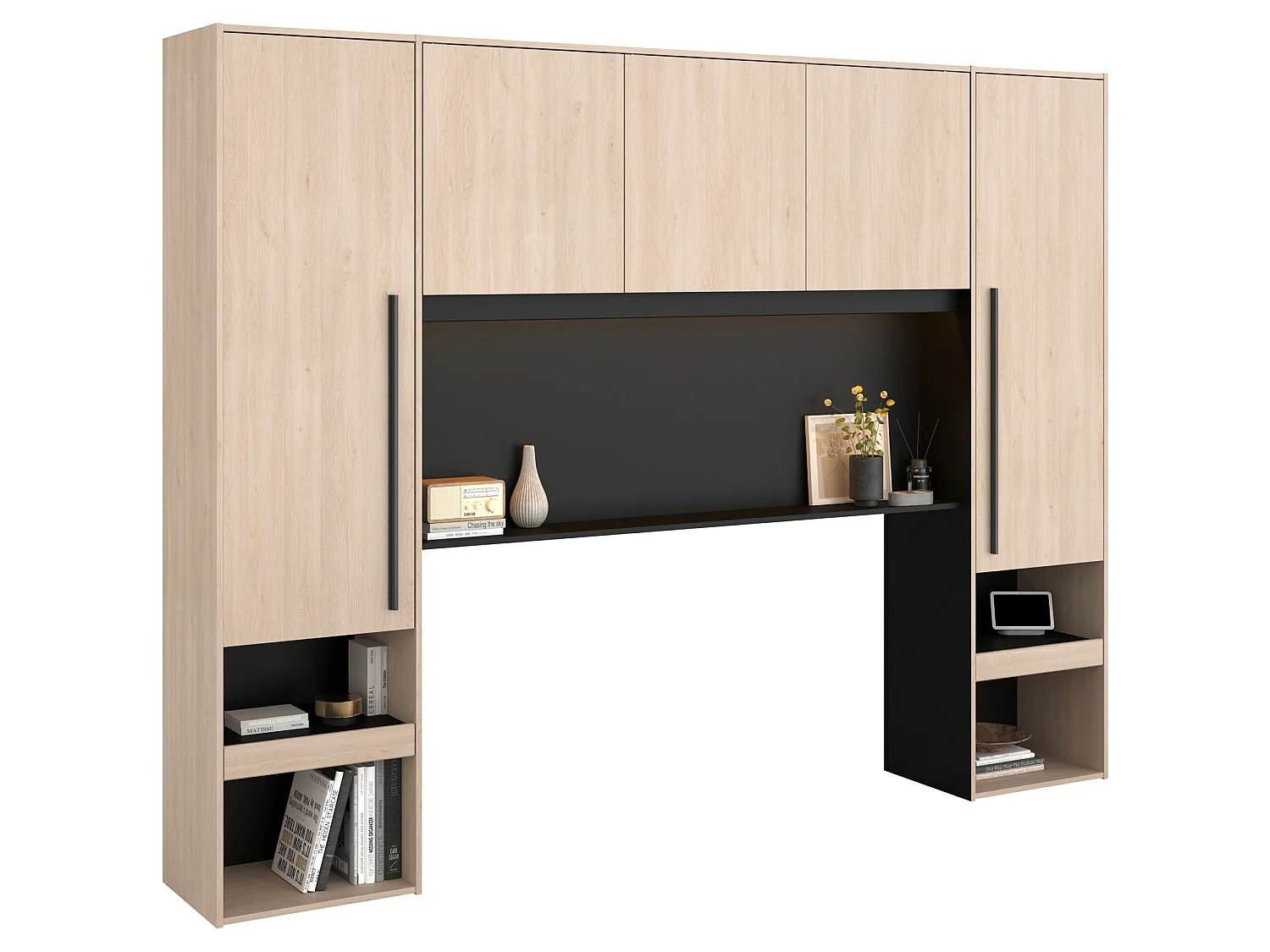 Lit pont 160 x 200 cm avec rangements - Avec LEDs - Coloris : Naturel et noir - VELONA