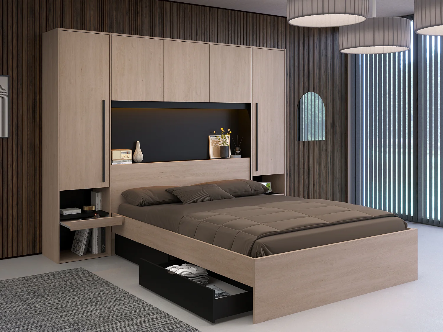 Lit pont 160 x 200 cm avec rangements - Avec LEDs - Coloris : Naturel et noir - VELONA