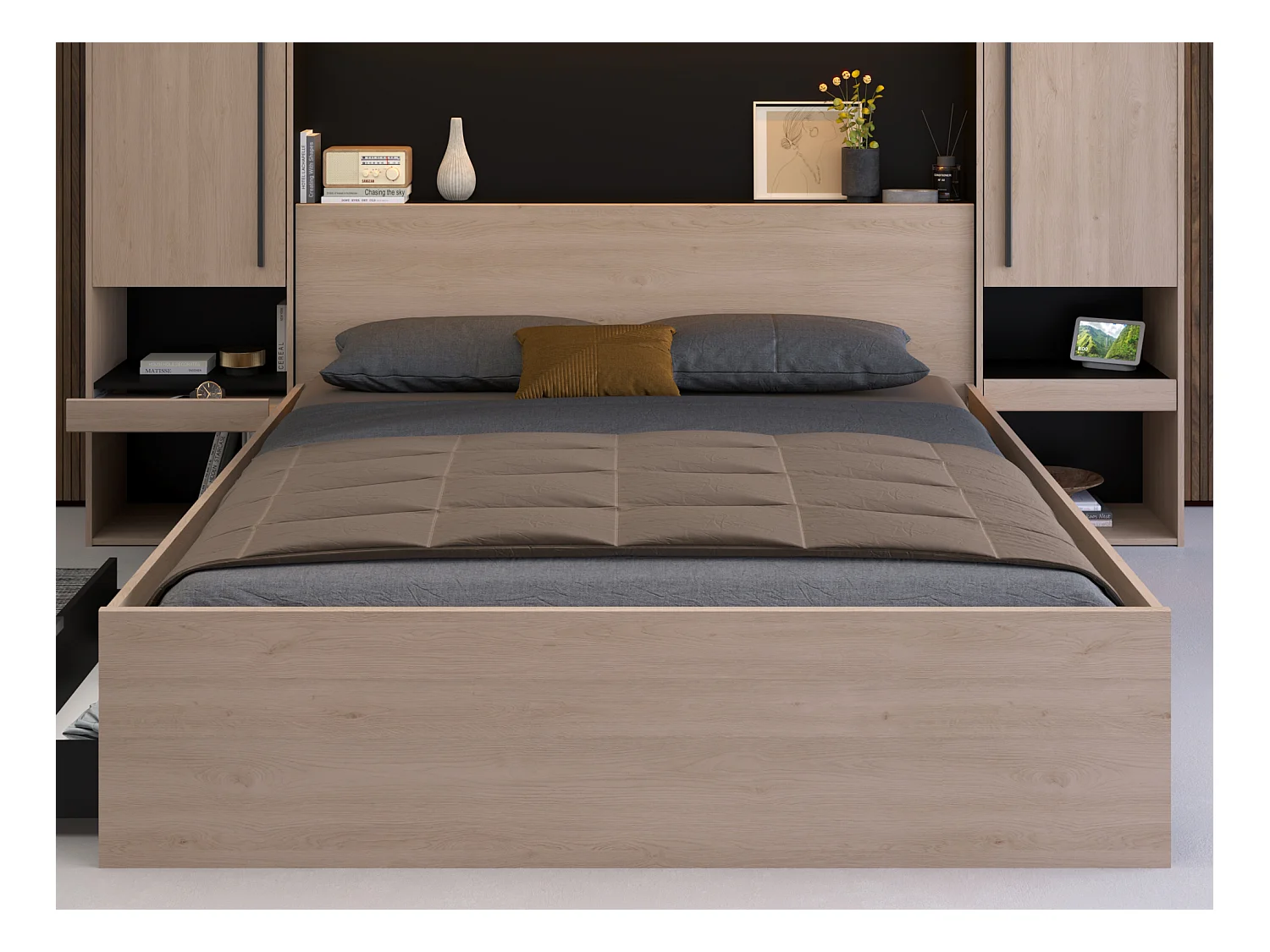 Cama con compartimentos 160 x 200 cm - Con LEDs - Color: natural y negro - VELONA