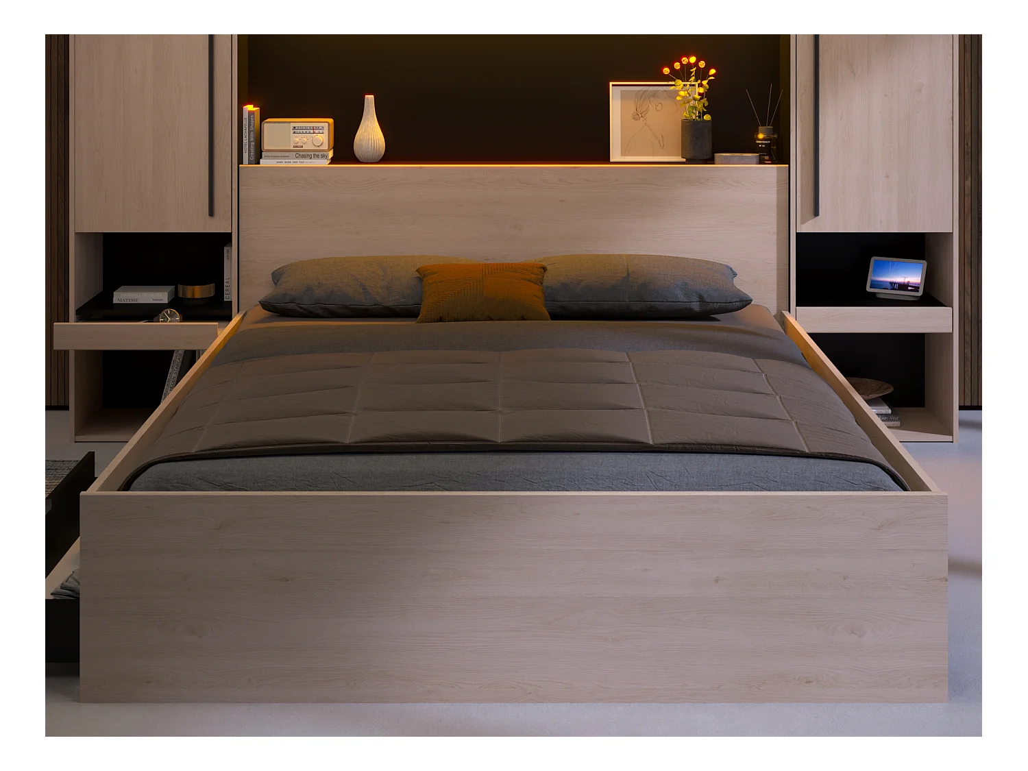 Cama con compartimentos 160 x 200 cm - Con LEDs - Color: natural y negro - VELONA