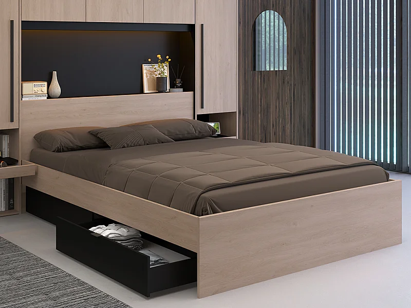 Letto con vani portaoggetti e LED 160 x 200 cm Naturale e Nero - VELONA