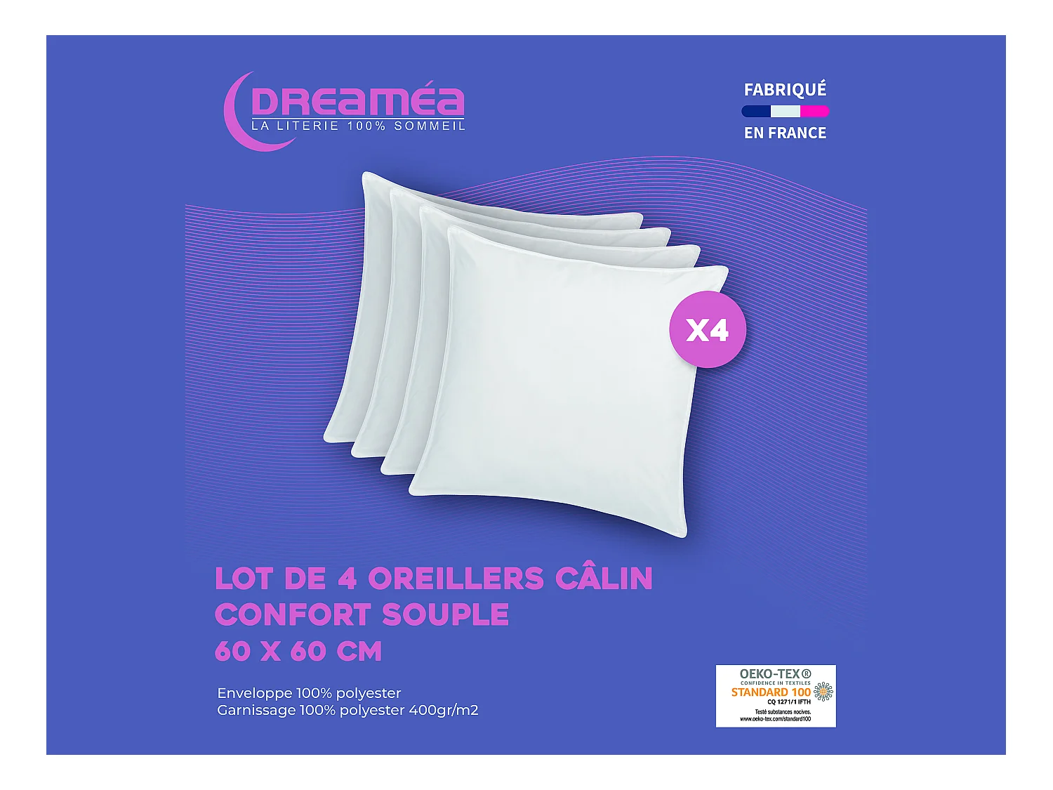 Lot de 4 oreillers câlin 60 x 60 cm - 400 gr - Blanc - TORIVIA