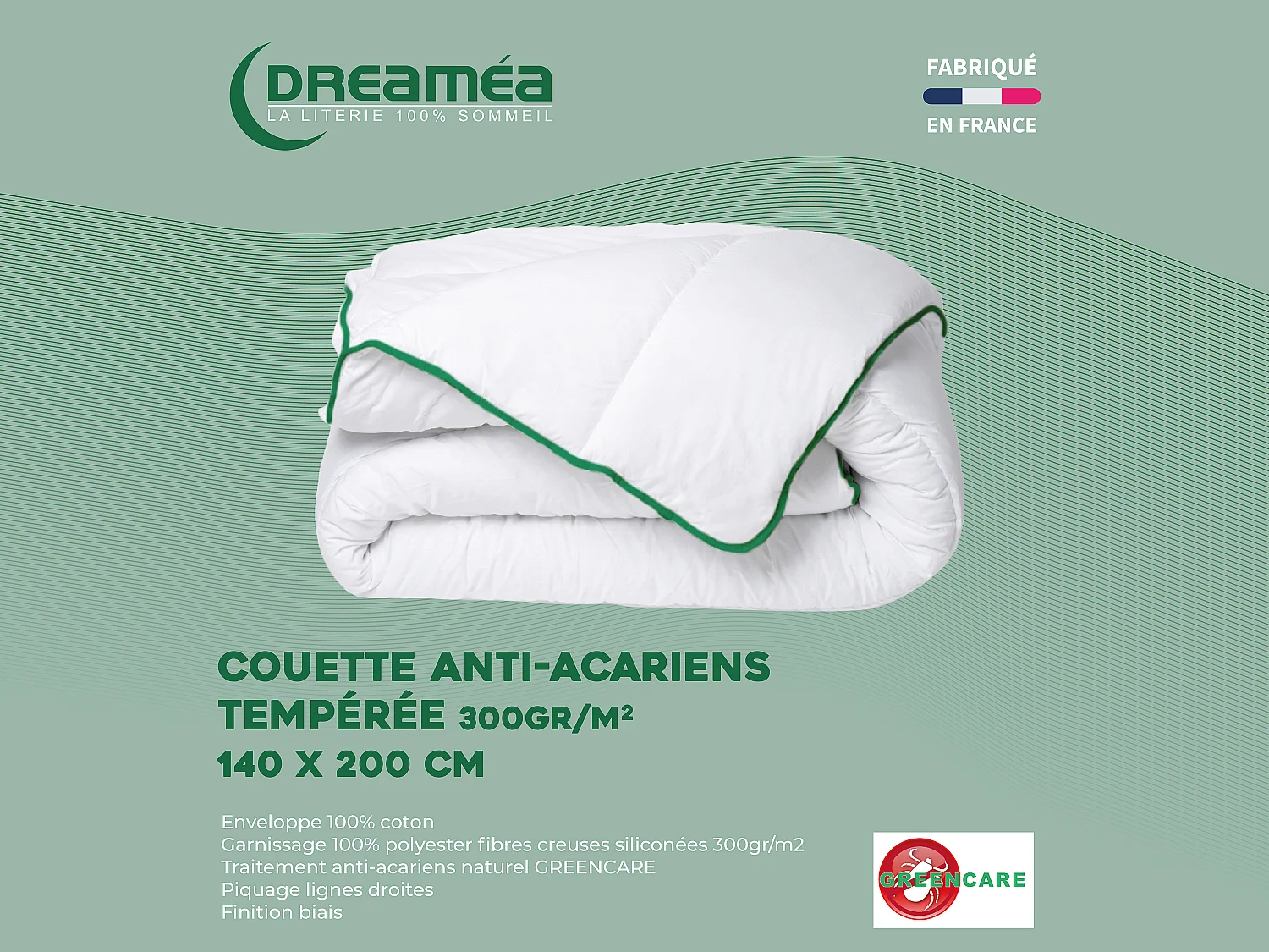 Couette tempérée traitement anti-acariens naturel Greencare - Coton -140 x 200 cm - 300 g/m² - Blanc et Vert Jade - AZYLIA
