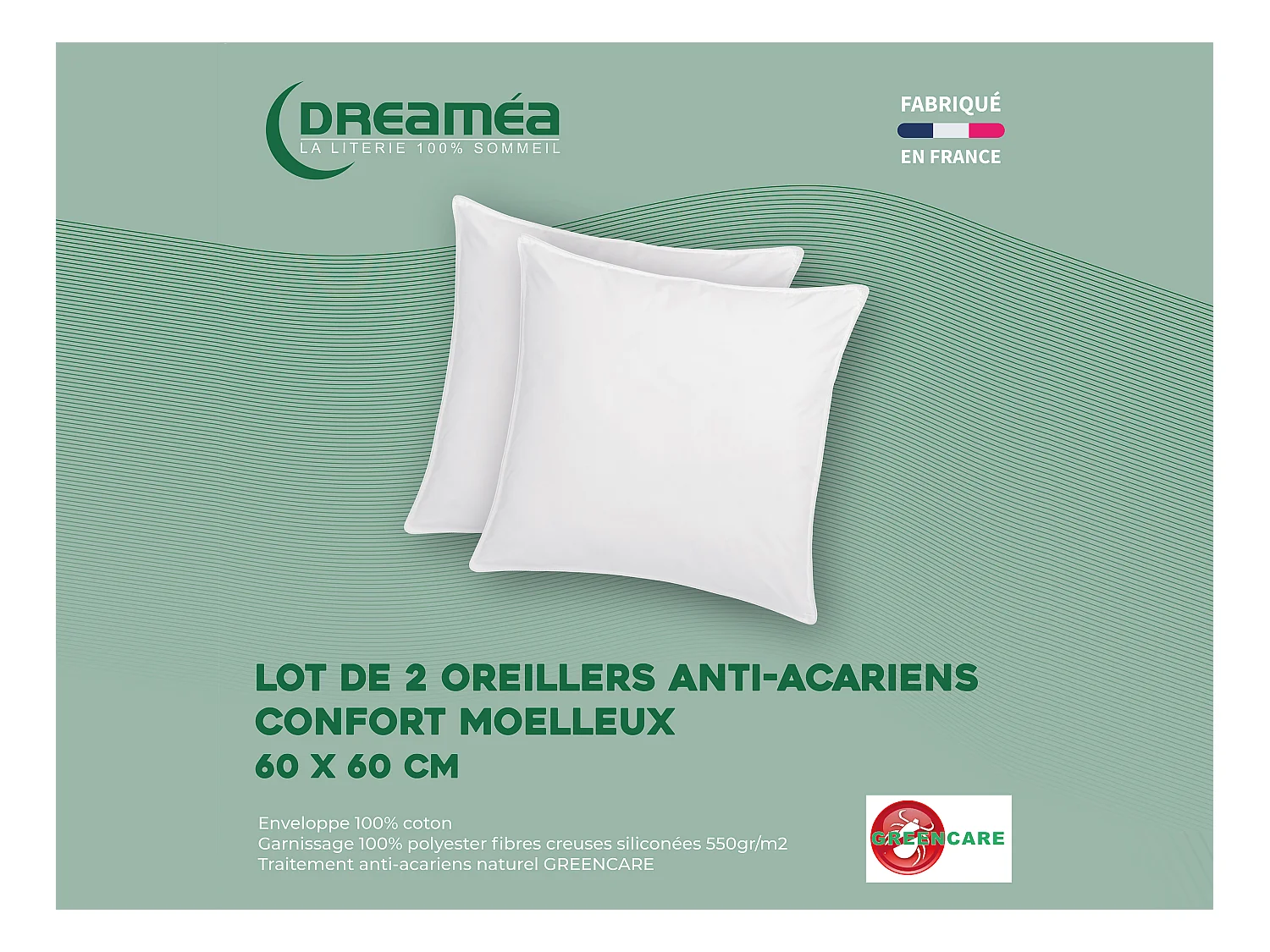 Zestaw 2 poduszek naturalnych antyroztoczowych Greencare - 60 x 60 cm - 550 g - Biały - bawełna - AZYLIA