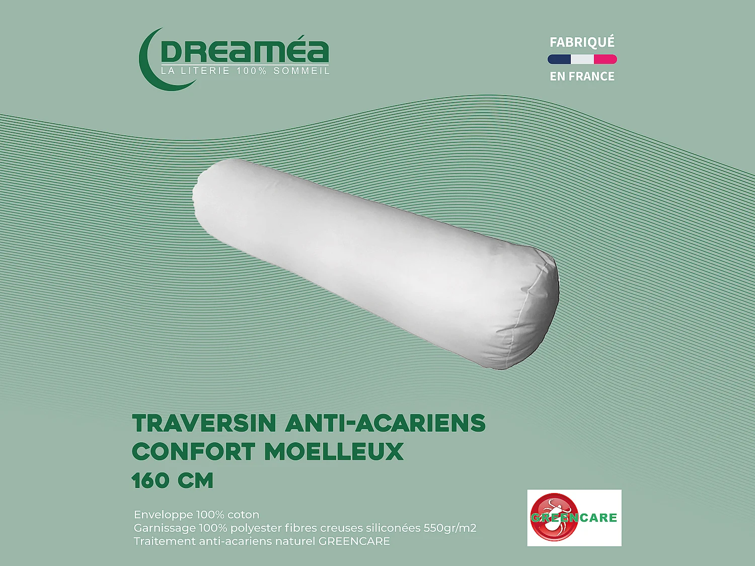 Traversin traitement anti-acariens naturel Greencare - L. 160 cm - Coton - Blanc - AZYLIA
