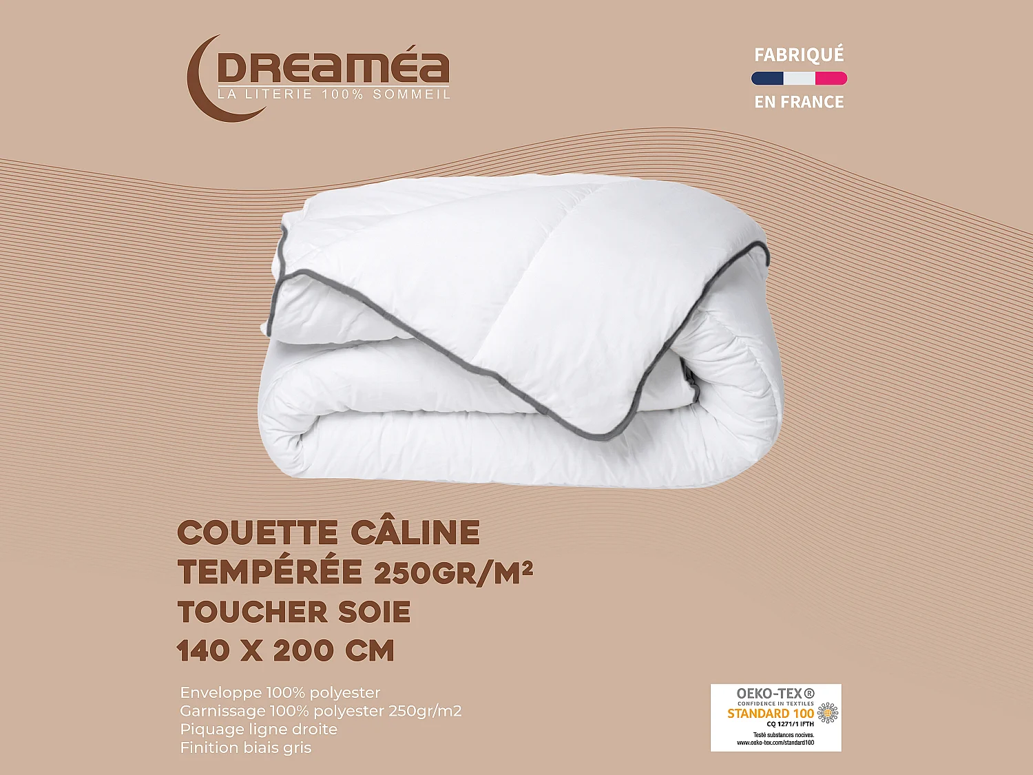 Couette Câline toucher soie 140 x 200 cm - 250 g/m² - Blanc biais gris - BIESYA