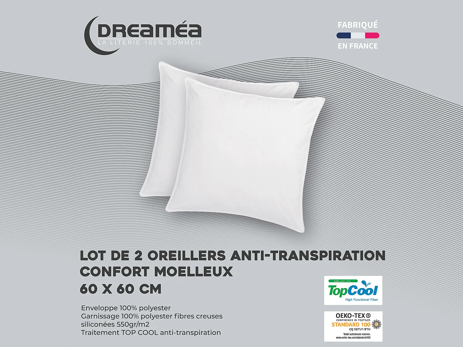 Guanciale traspiranti anti sudore Topcool 60 x 60 cm 550 g Bianco - Lotto di 2 - HAELIA