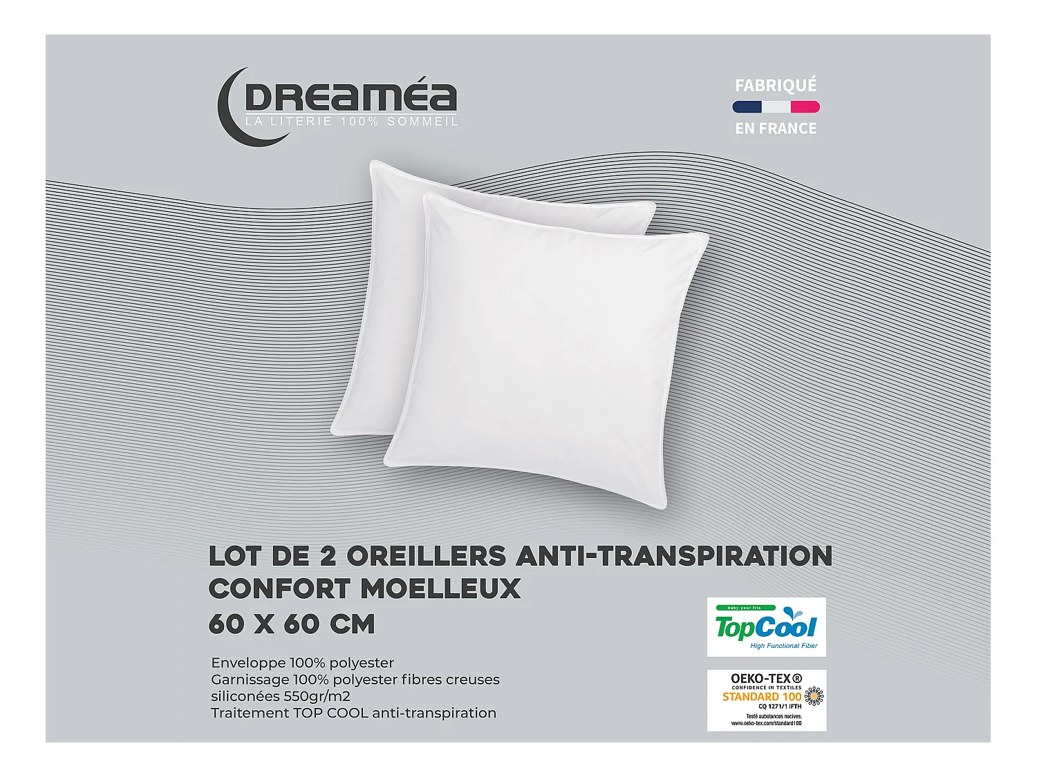 Juego de 2 almohadas anti-transpiración Topcool - 60 x 60 cm - 550 gr - Blanco - HAELIA