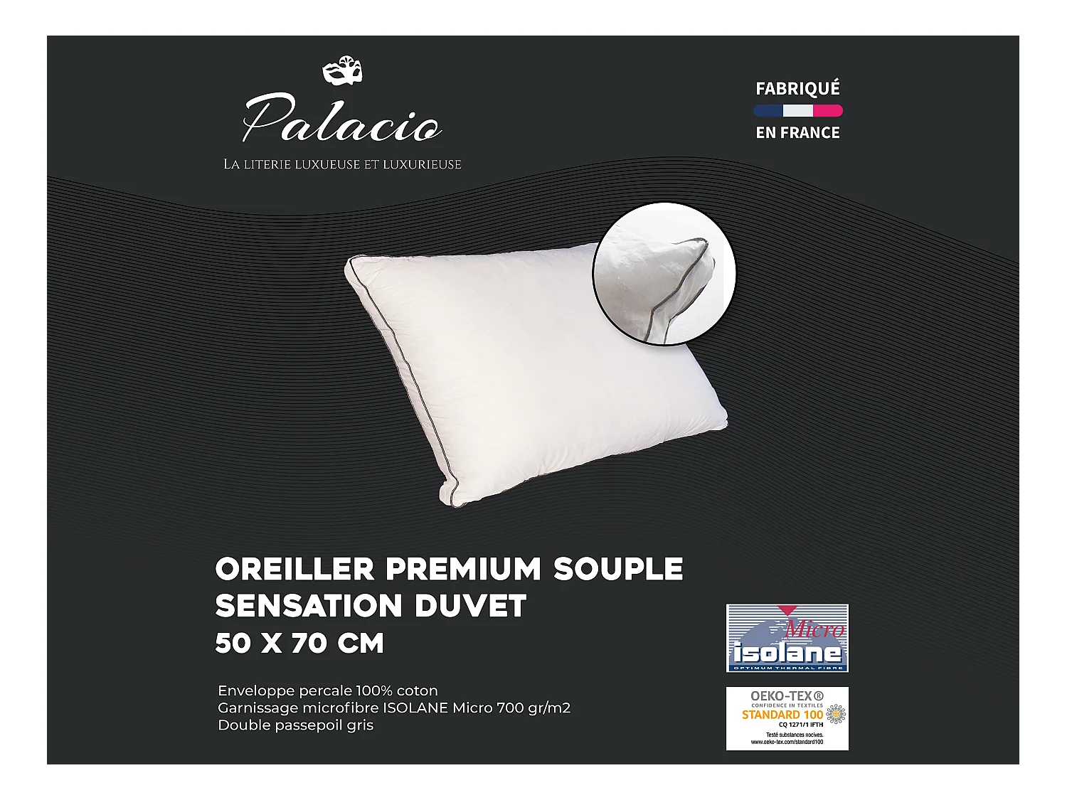 Almohada sensación plumón de percal de algodón 91 hilos/ cm² - 50 x 70 cm - 700 gr - Blanco - AUXENCE