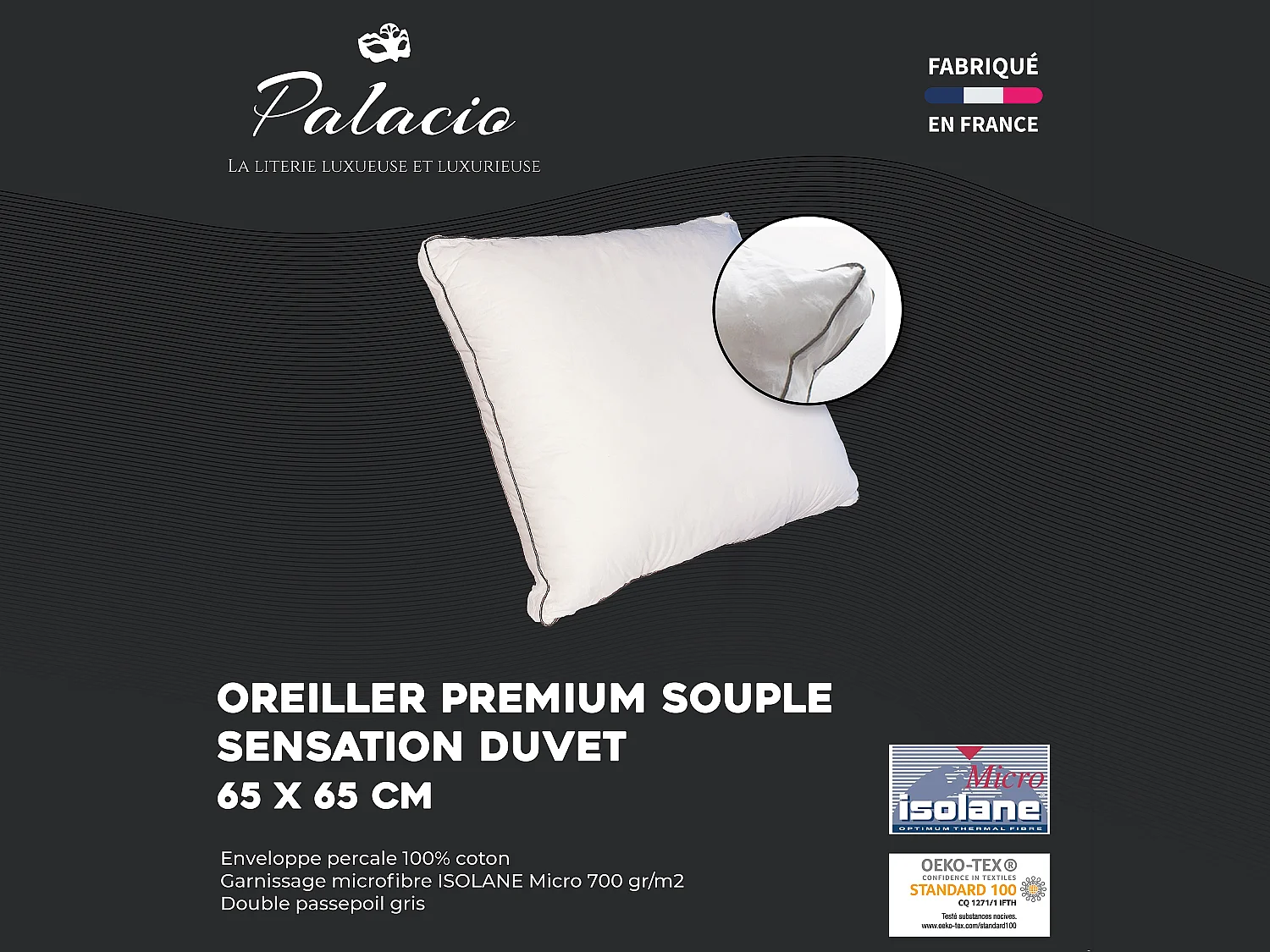 Kussengevoelig hoofdkussen in perkaal katoen - 91 draden/cm² - 65 x 65 cm - 700 gr - Wit - AUXENCE