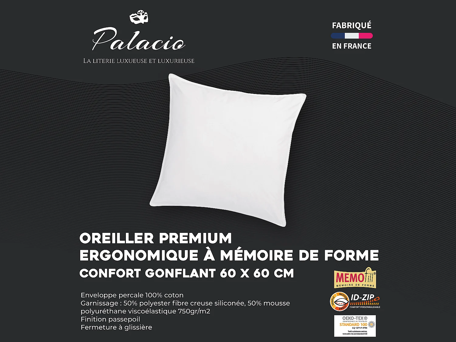 Minneskum-pute memoFill 60 x 60 cm - Bomullspercale - 91 tråder/cm² - 750 g - Hvit - AUXENCE