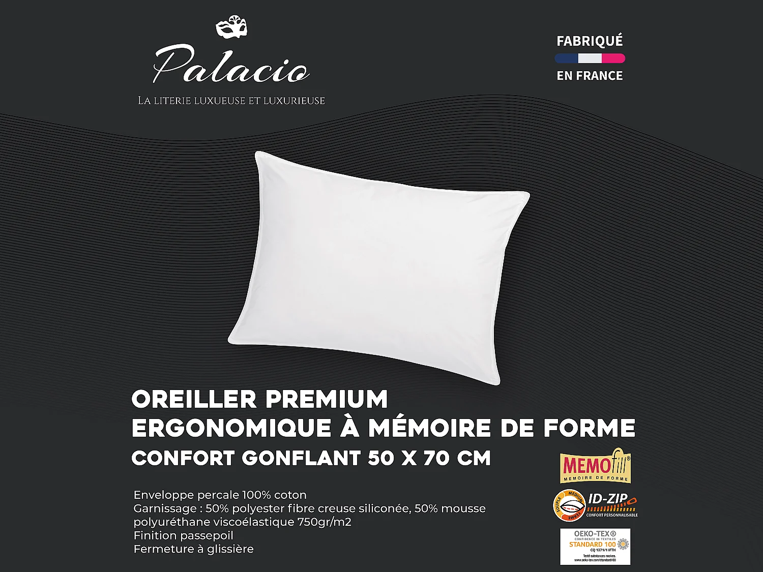 Oreiller mémoire de forme mémofill 50 x 70 cm - Percale de coton - 91 fils/cm² - 750 gr - Blanc - AUXENCE