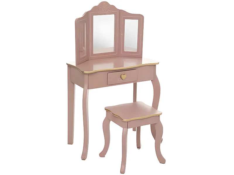 Coiffeuse avec tabouret pour enfant en bois coloris rose antique - longueur 59,50 x profondeur 29 x hauteur 60 cm